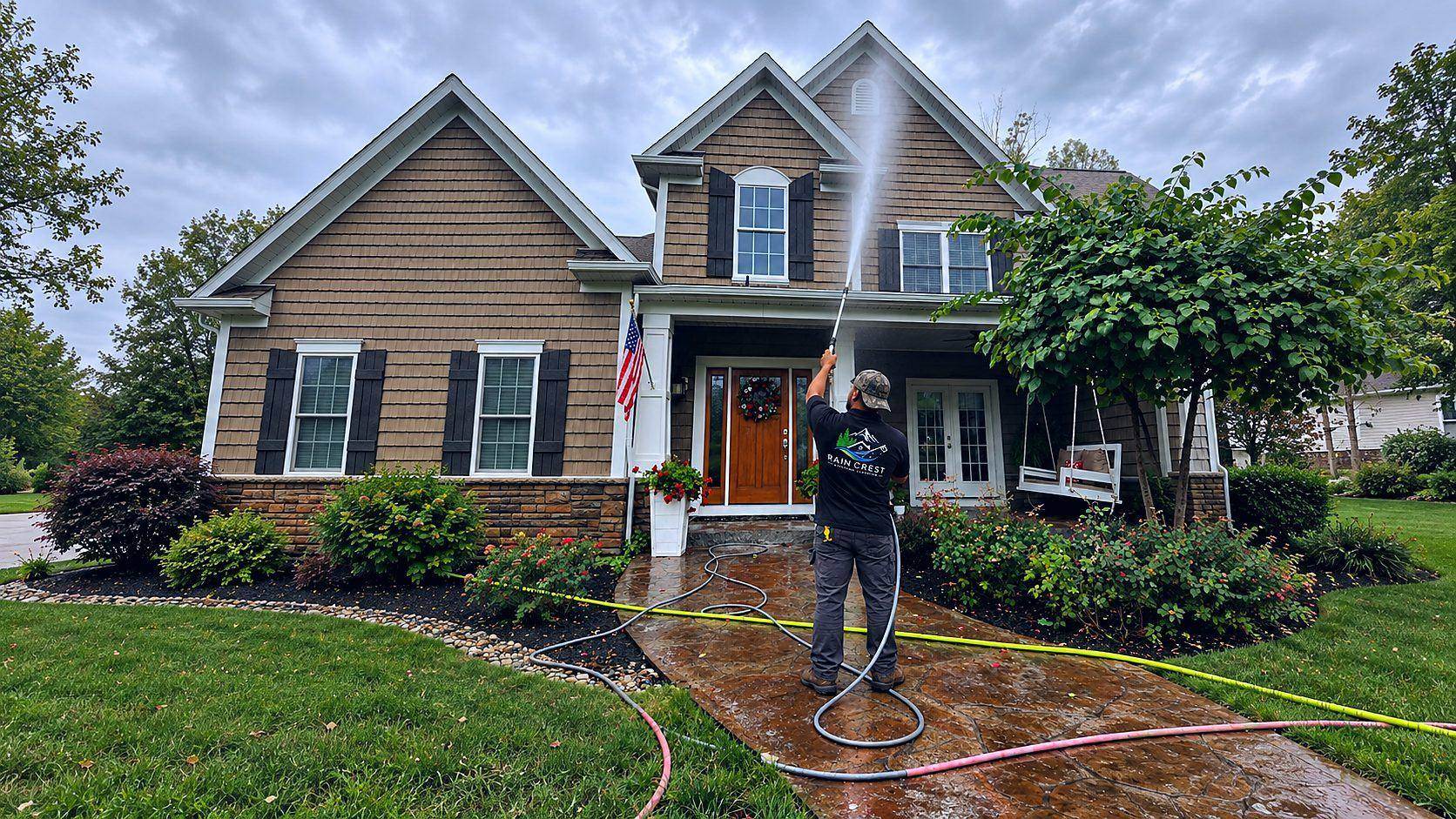 Rain Crest technician soft washing a home exterior in Salem, Oregon
